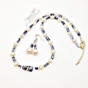 *DENIM LAPIS & CULTURED PEARL NECKLACE & EARRING SET*HAND MADE*BEAUTIFUL**
